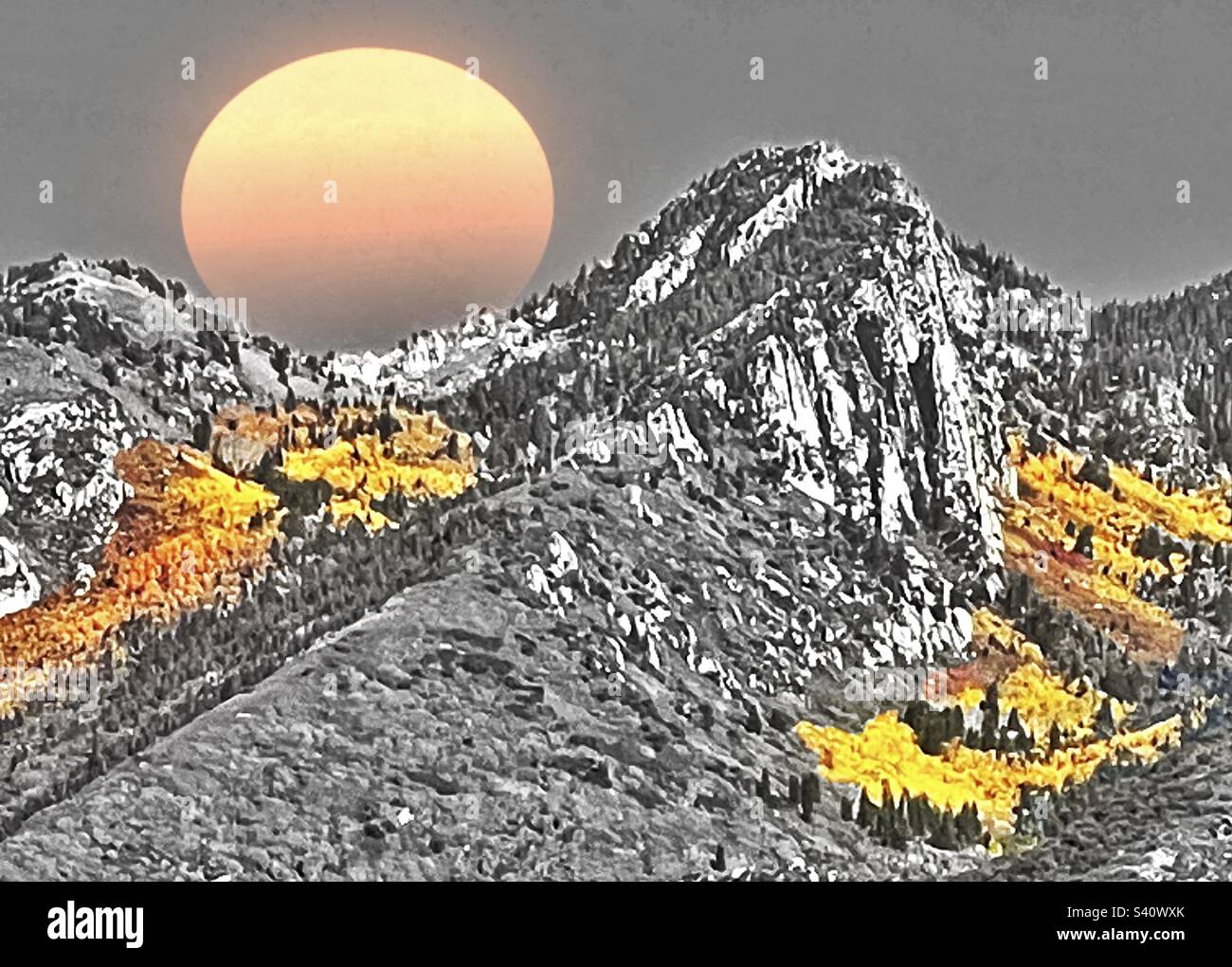 The majestic Wasatch mountain range, sitting just east of the Salt Lake Valley in Utah, USA, during the autumn. Color select yellow foliage pops against the B&W. Faded sun disc has been digitally add. - Smartphone Captured Stock Image