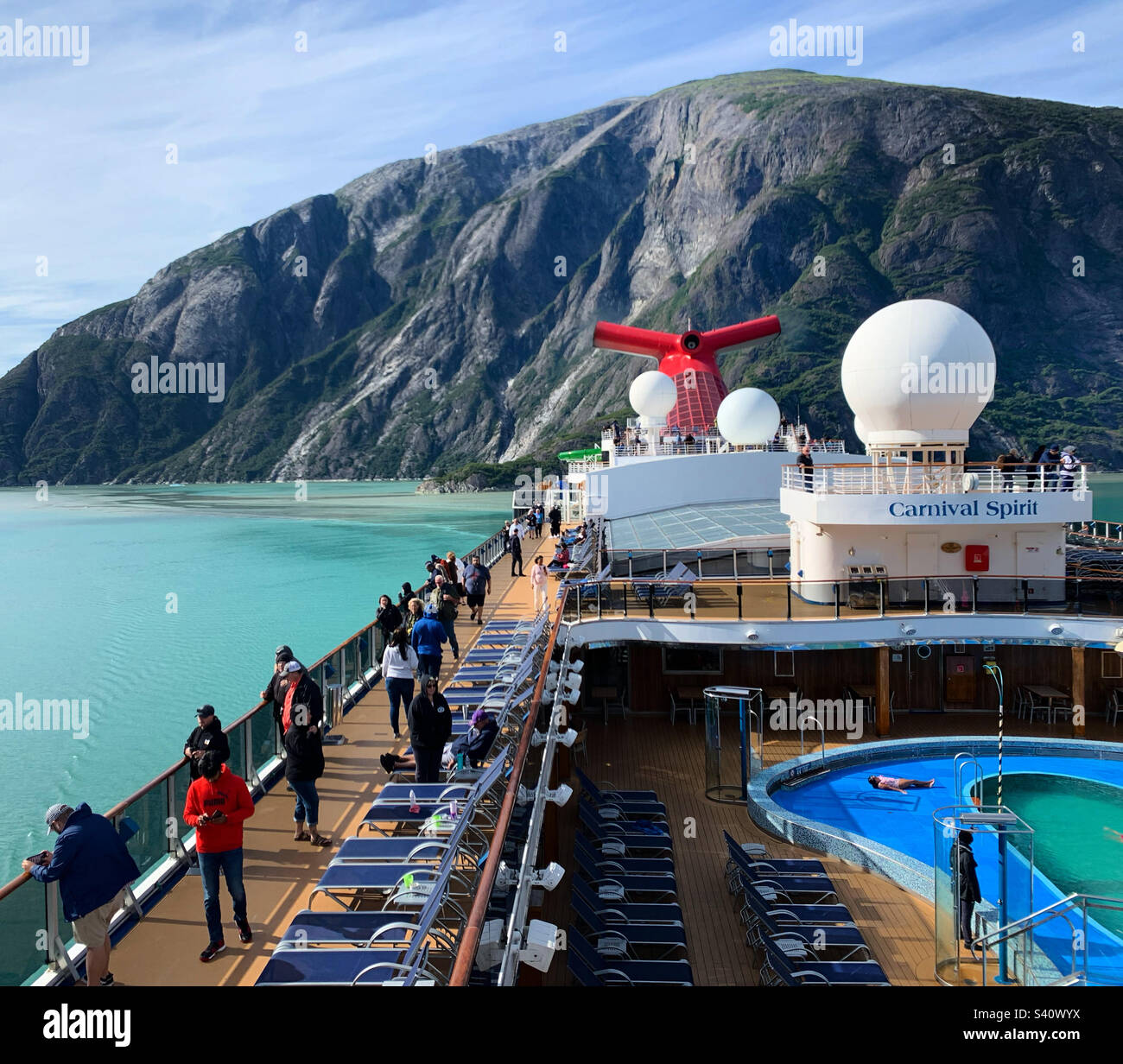 August, 2022, On the deck of the Carnival Spirit, sailing through Tracy Arm Fjord, Alaska, United States - Smartphone Captured Stock Image
