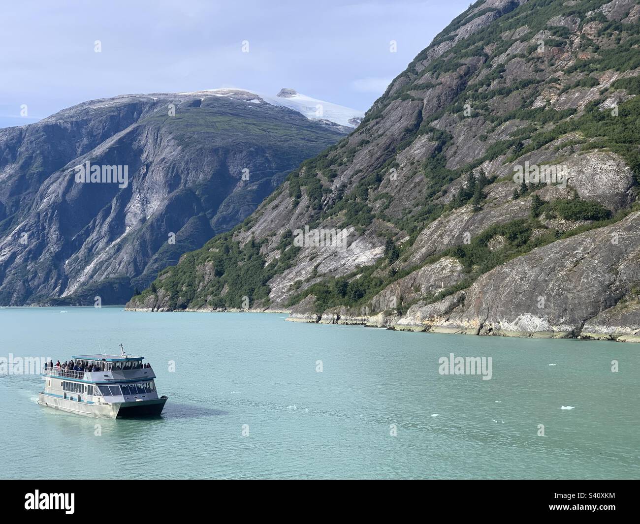 August, 2022, view from a cruise ship balcony sailing through Tracy Arm Fjord, Alaska, United States - Smartphone Captured Stock Image
