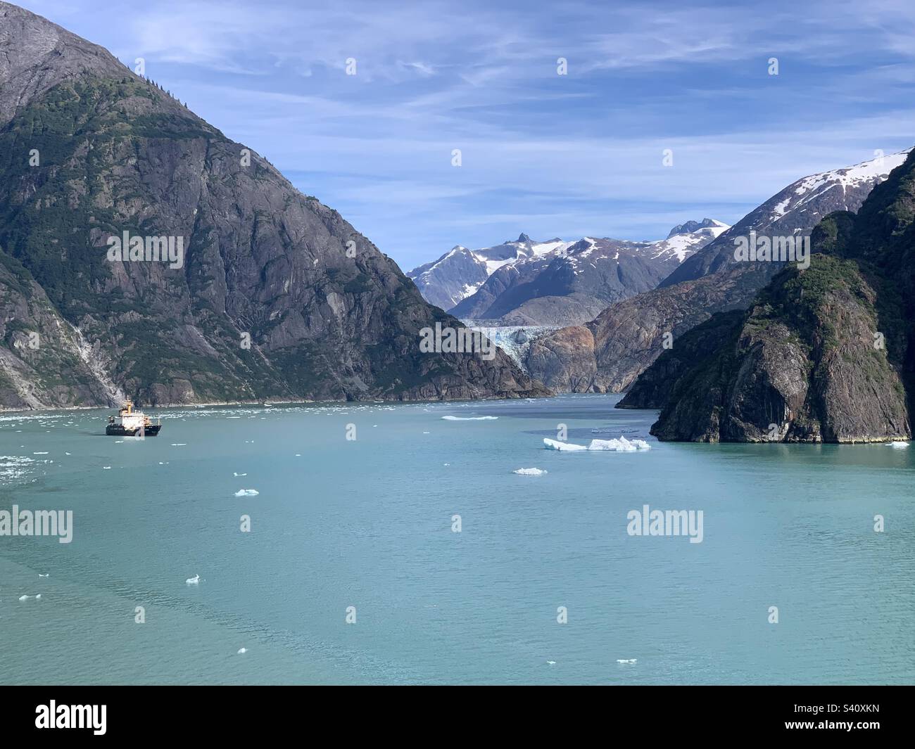August, 2022, view from a cruise ship balcony sailing through Tracy Arm Fjord, Alaska, United States - Smartphone Captured Stock Image