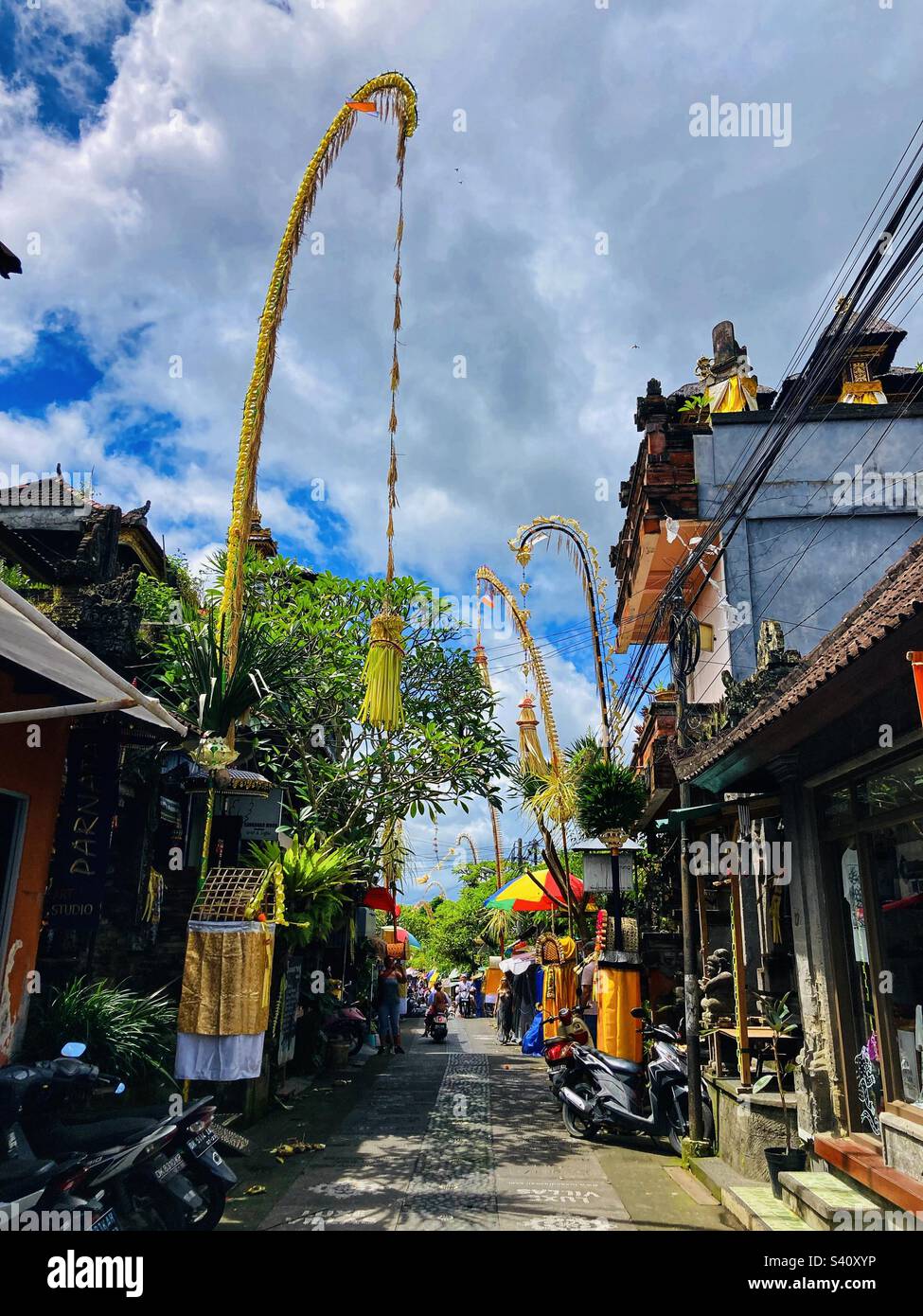 Lane in Ubud Bali with Panjor bamboo poles out celebrating Galungan Stock Photo