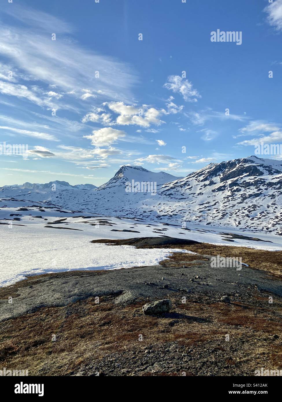 Mountain landscape in Nordland, Northern Norway in June, higher than Fjelbu, close to the border of Sweden. - Smartphone Captured Stock Image