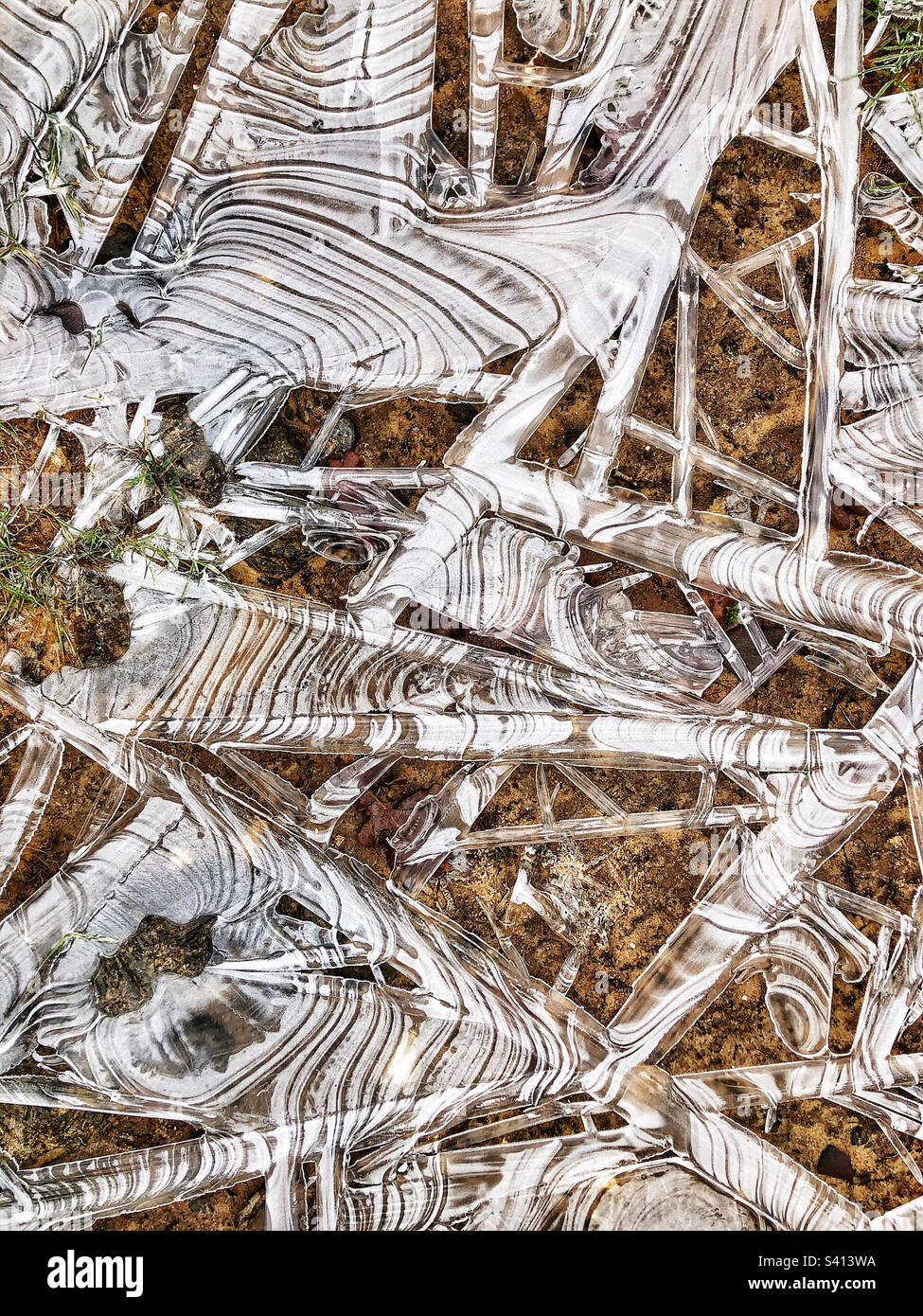 Ice crystal abstract patterns on frozen puddle from receding flooded winter stream In Hampshire United Kingdom - Smartphone Captured Stock Image