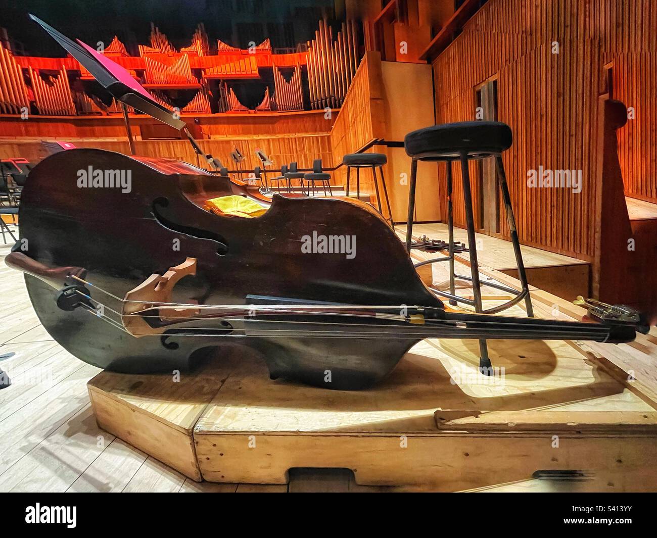 Double bass on the stage at the Royal Festival Hall getting ready for a concert performance - Smartphone Captured Stock Image