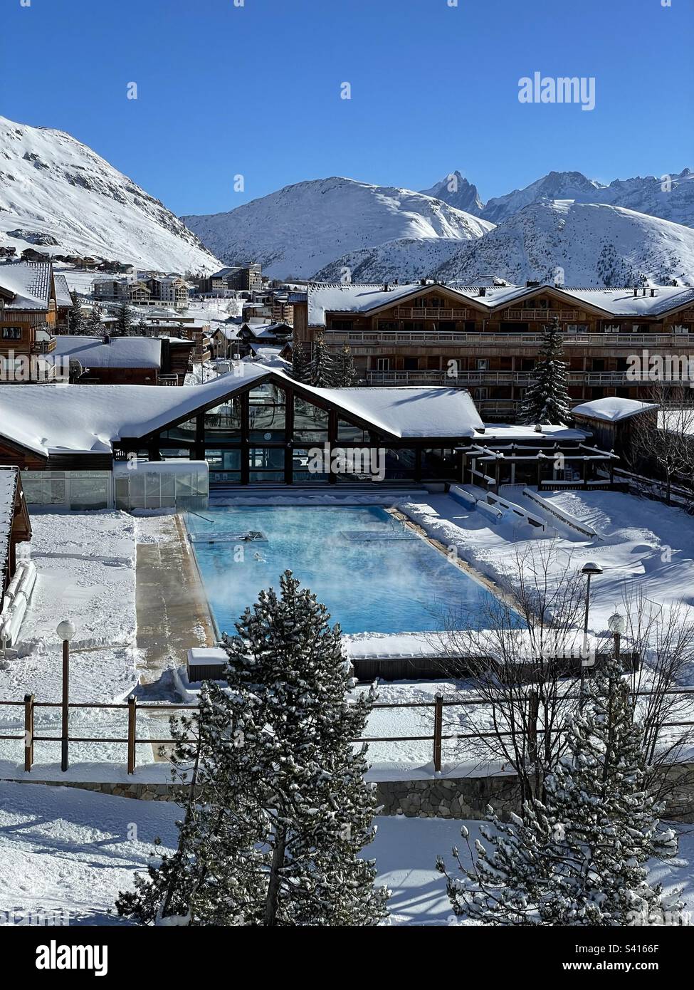 Outdoor swimming pool at Alpe d’Huez, France. Stock Photo