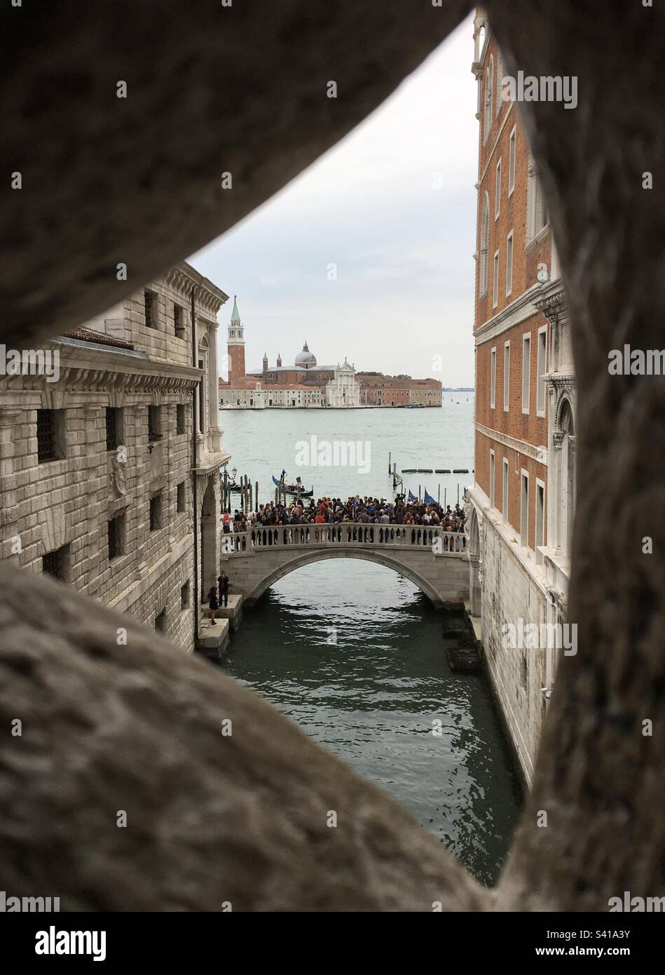 View from inside the bridge of sighs in Venice Stock Photo