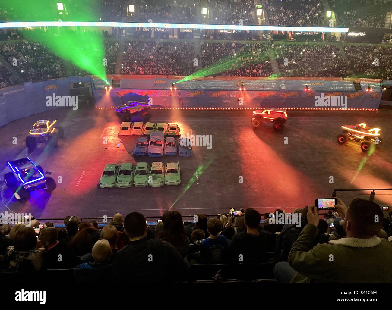 Hot Wheels Monster Trucks Glow Party in AO Arena, Manchester Stock Photo