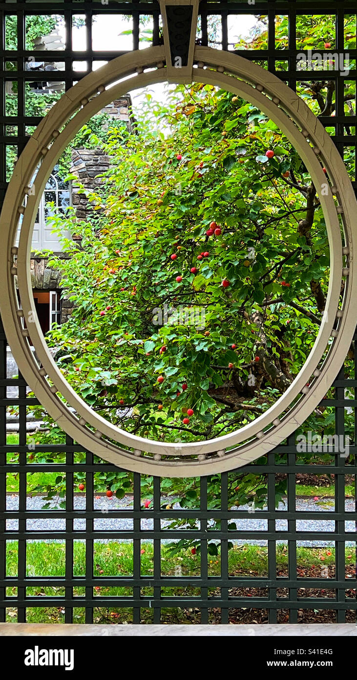 Garden trellis cameo cutout with view to trees and garden at Kykuit Rockefeller Estate in the Hudson Valley, New York - Smartphone Captured Stock Image
