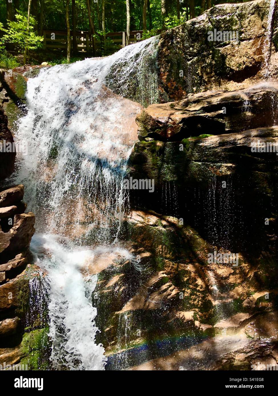 Avalanche Falls at The Flume Gorge in Franconia Notch State Park, Lincoln, New Hampshire viewed from trail walk - Smartphone Captured Stock Image