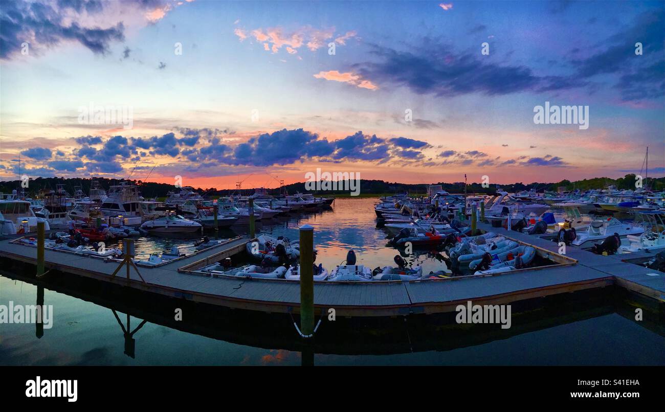 Panoramic view of a summer sunset at Gloucester Harbor. - Smartphone Captured Stock Image