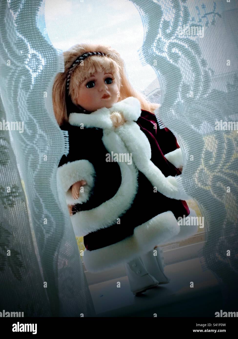 A porcelain doll dressed in a dark red, velvet dress & coat (both trimmed in white faux fur), white boots, & a striped head band. She stands on a window sill, surrounded by white lace curtains. Stock Photo