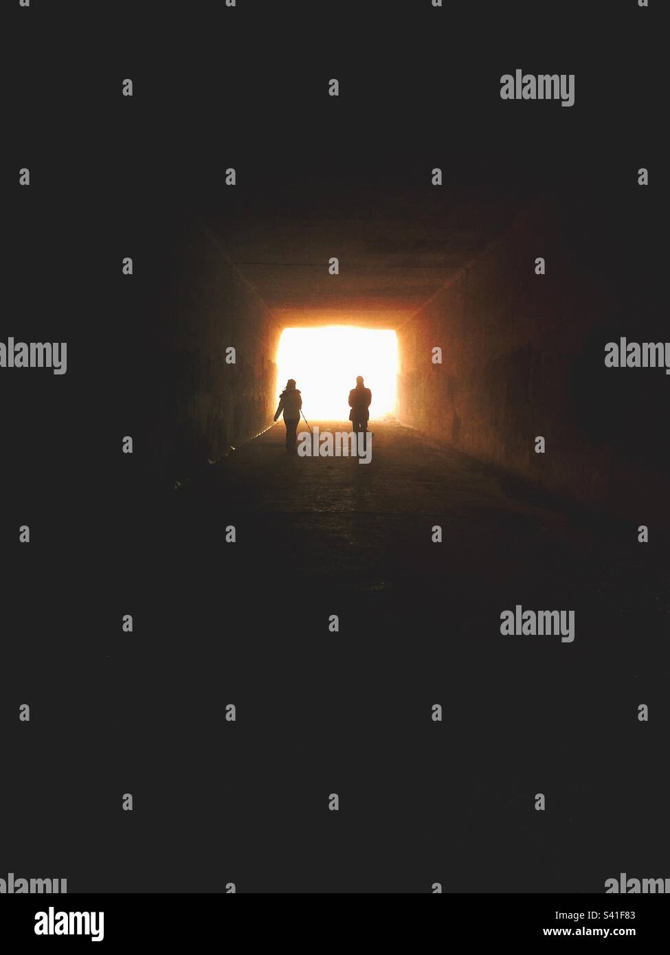 Woman and man walking dogs through a tunnel - Smartphone Captured Stock Image