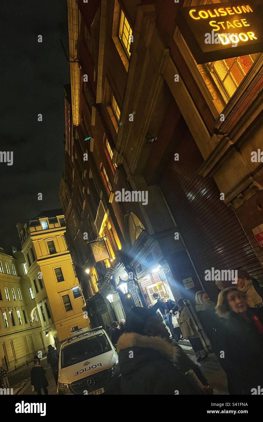 London Coliseum stage door after the ‘murder’ of Carmen a police van waits outside - Smartphone Captured Stock Image