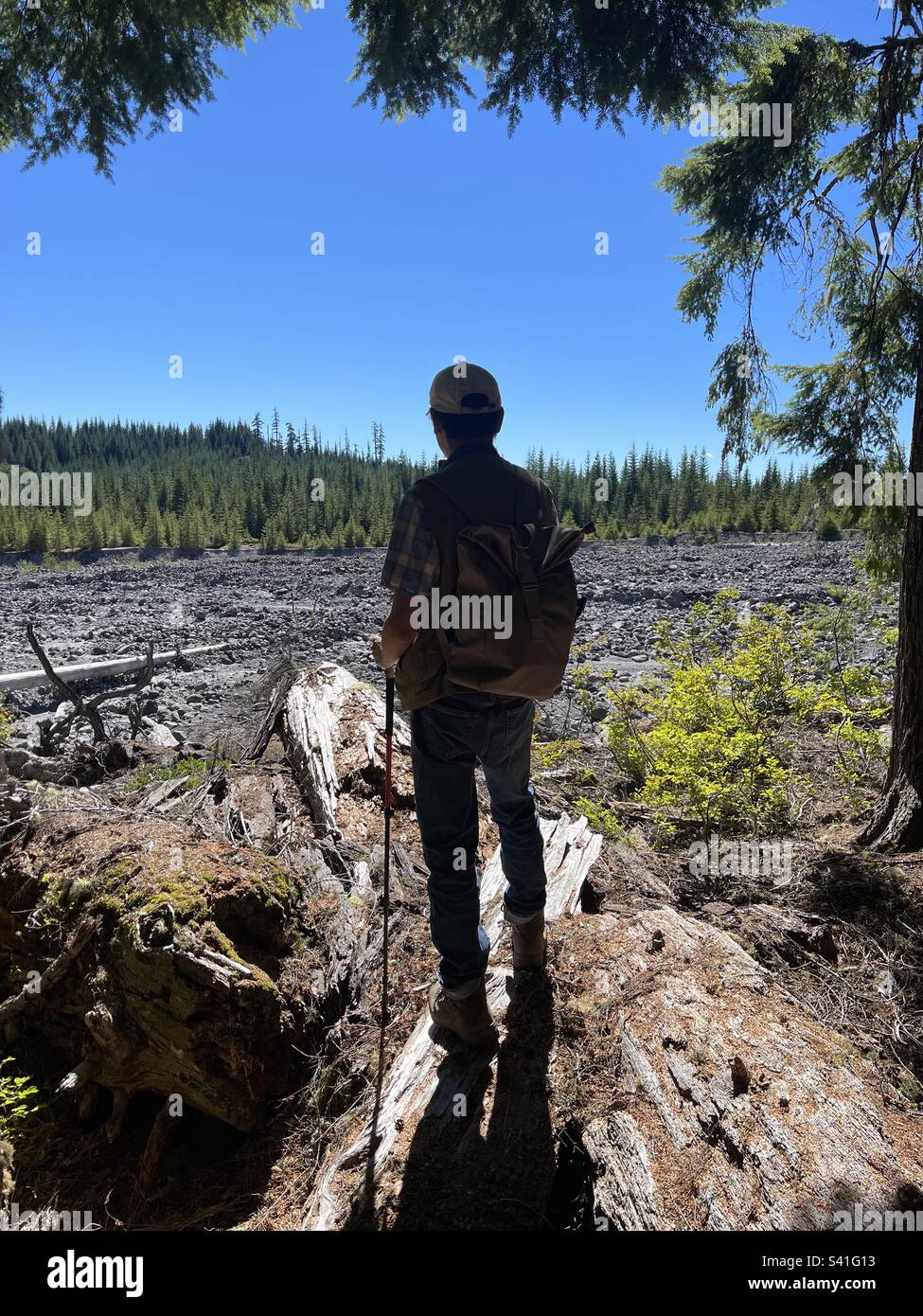 Looking at lahar rock dry river at Mt St Helens National Volcanic Monument - Smartphone Captured Stock Image