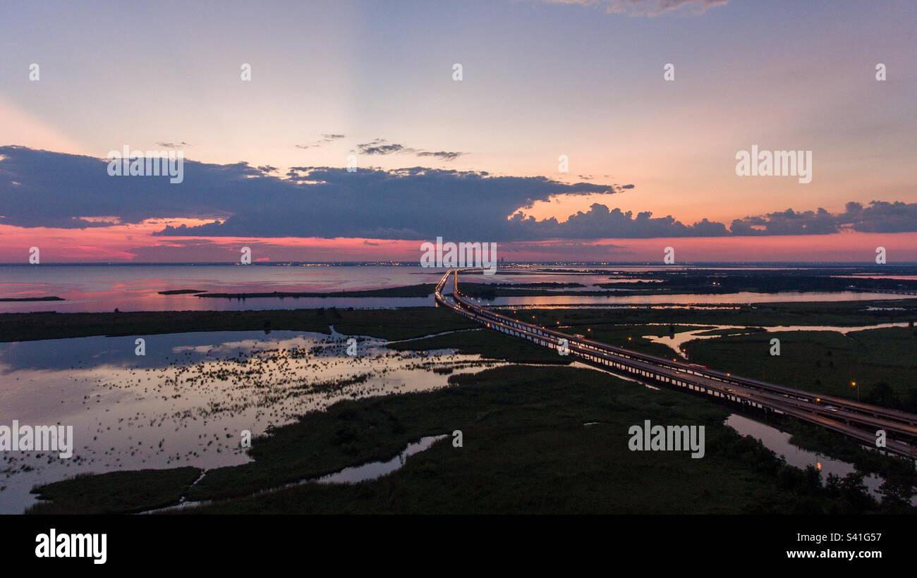Pink sky at sunset on Mobile Bay - Smartphone Captured Stock Image