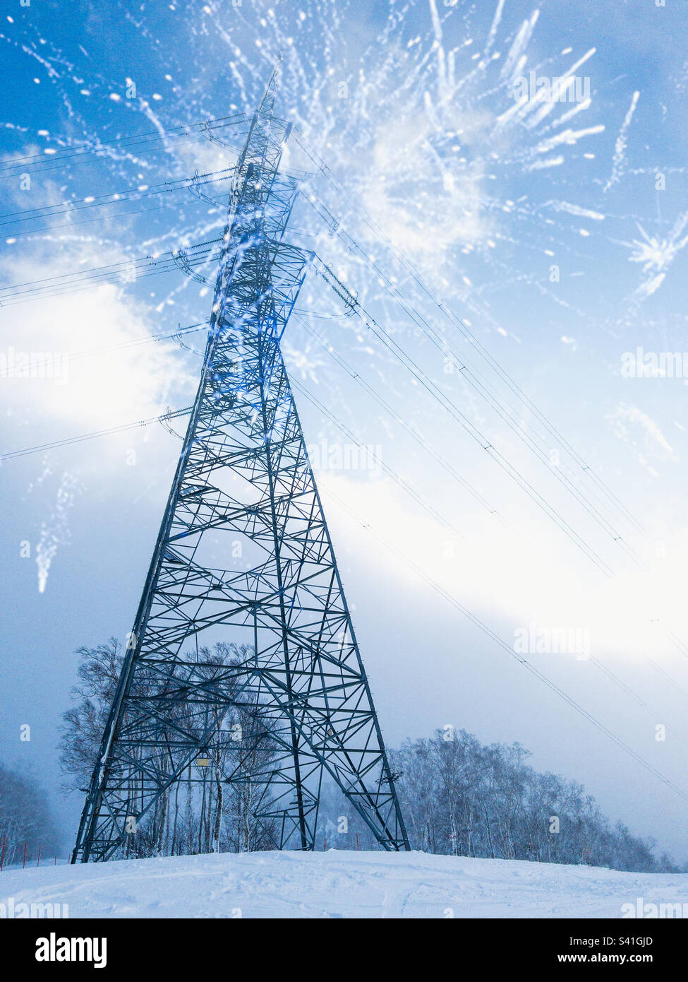 Power lines and sparks in winter - Smartphone Captured Stock Image