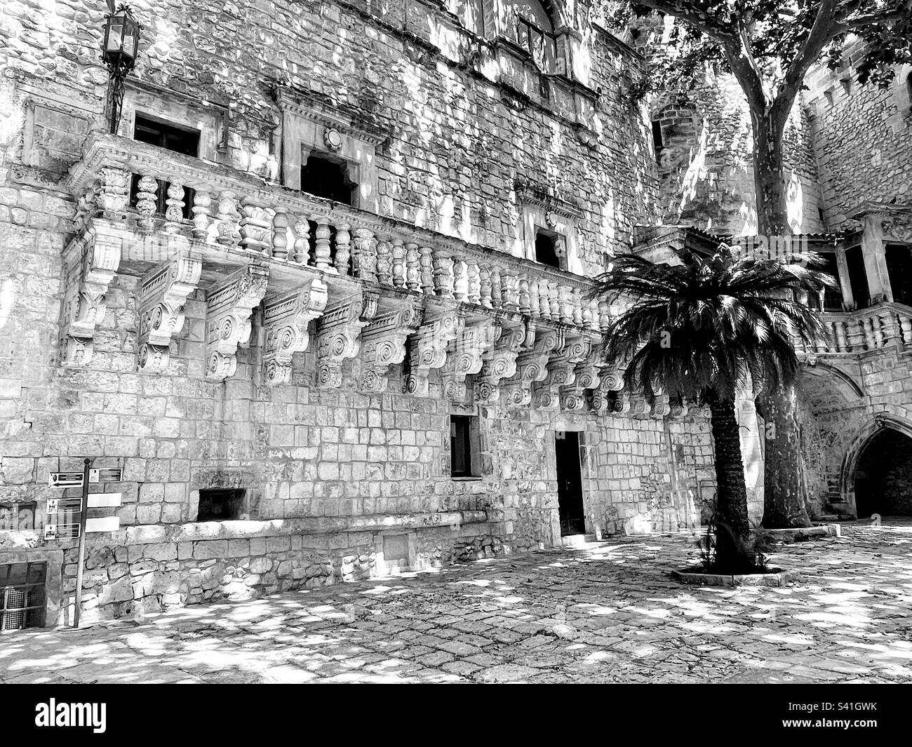 Black and white monochrome old building facade exterior architecture with long balconette and curl pattern support blocks - Smartphone Captured Stock Image