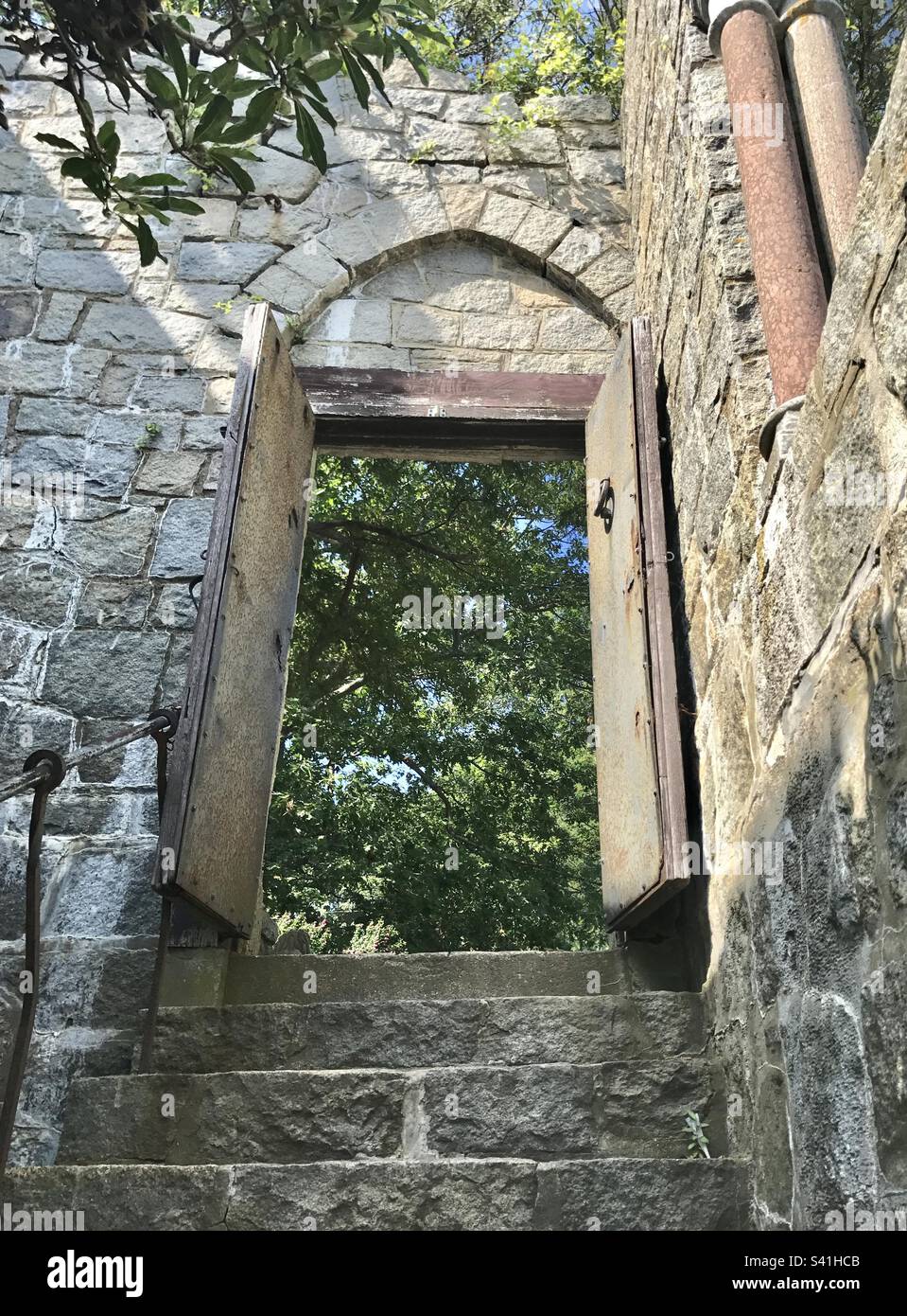 Stairway to the outdoors at Hammond Castle Museum, Gloucester, Massachusetts - Smartphone Captured Stock Image