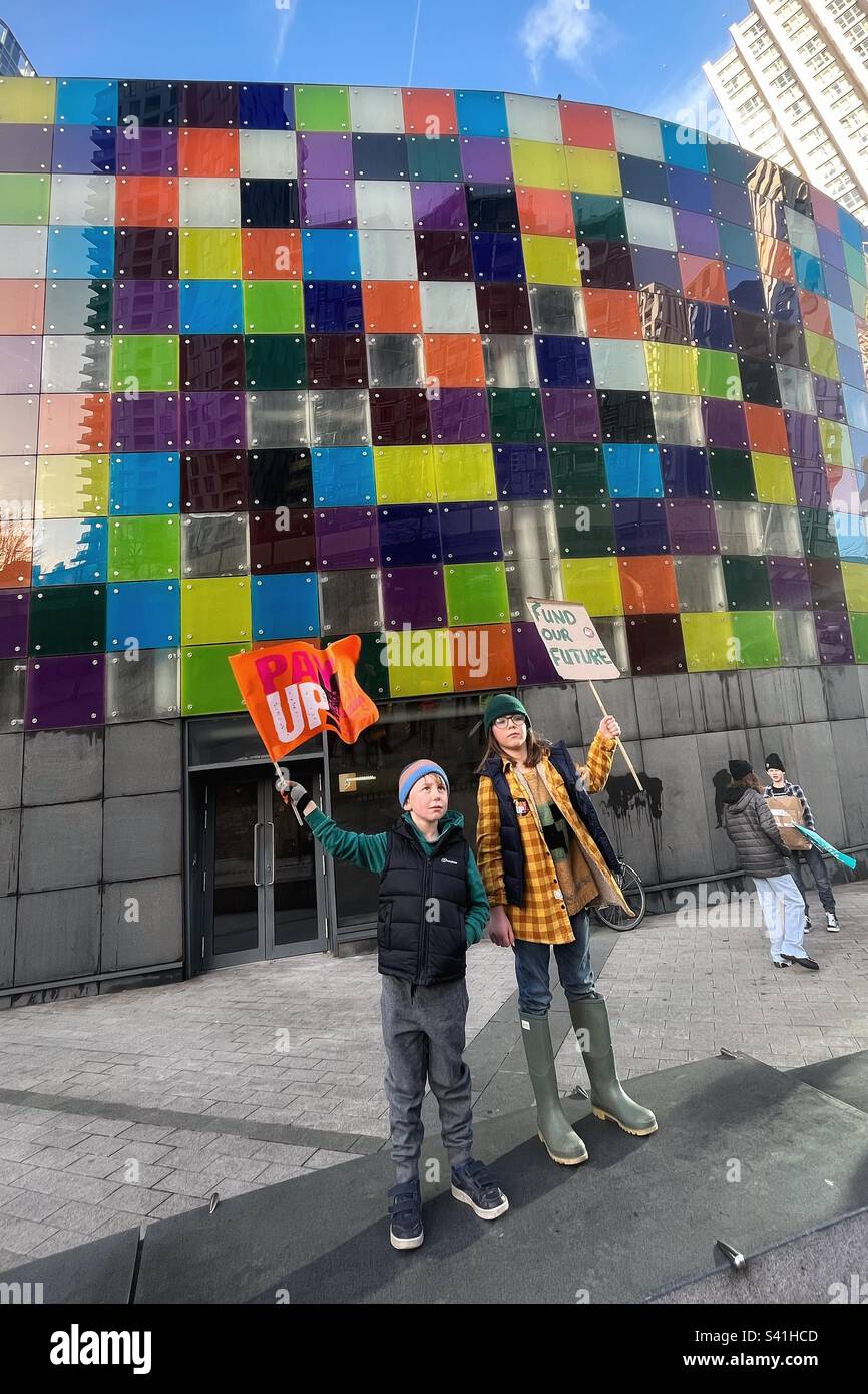 Pay Up say local Lewisham pupils. Schools on strike: A rally in Lewisham, South East London were trade unionists gathered to show solidarity February 2023 - Smartphone Captured Stock Image