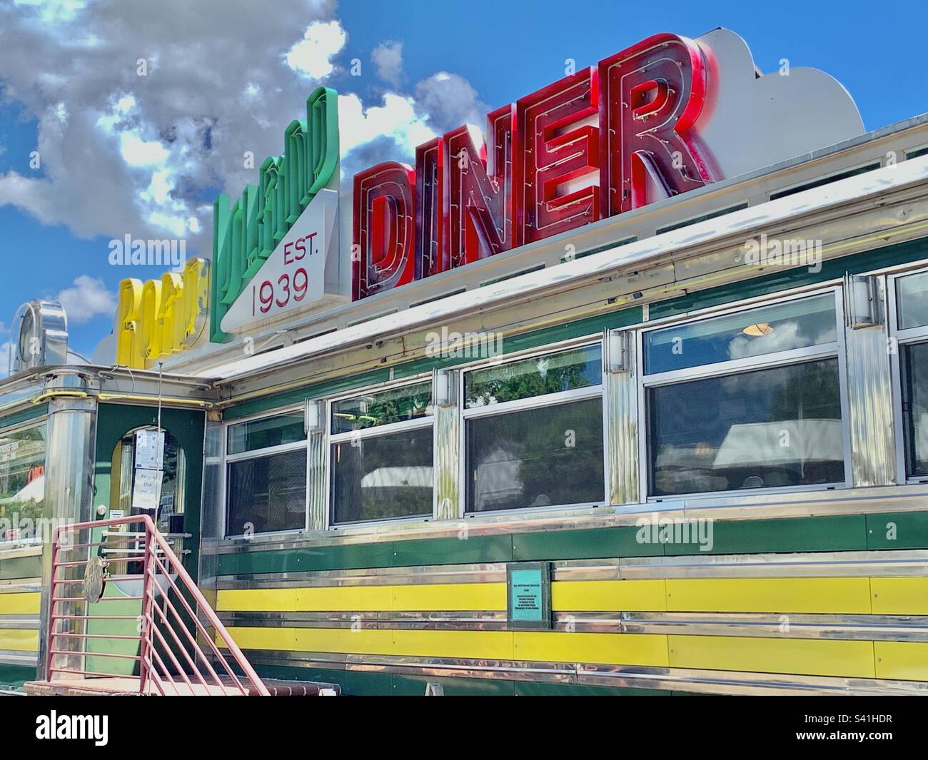 A classic Streamline Moderne Art Deco diner car restaurant
