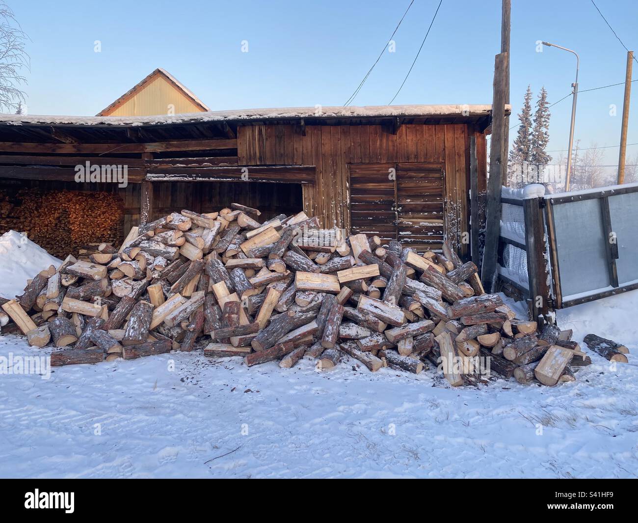 A pile of firewood lies on the village plot in winter. - Smartphone Captured Stock Image