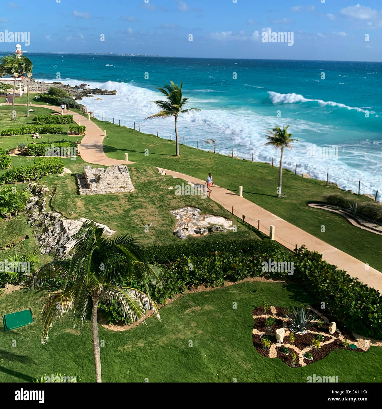 December, 2022, view of the grounds and the ocean from an oceanfront Pyramid building room, Hyatt Ziva Cancun, Punta Cancun, Hotel Zone, Cancun, Quintana Roo, Mexico - Smartphone Captured Stock Image