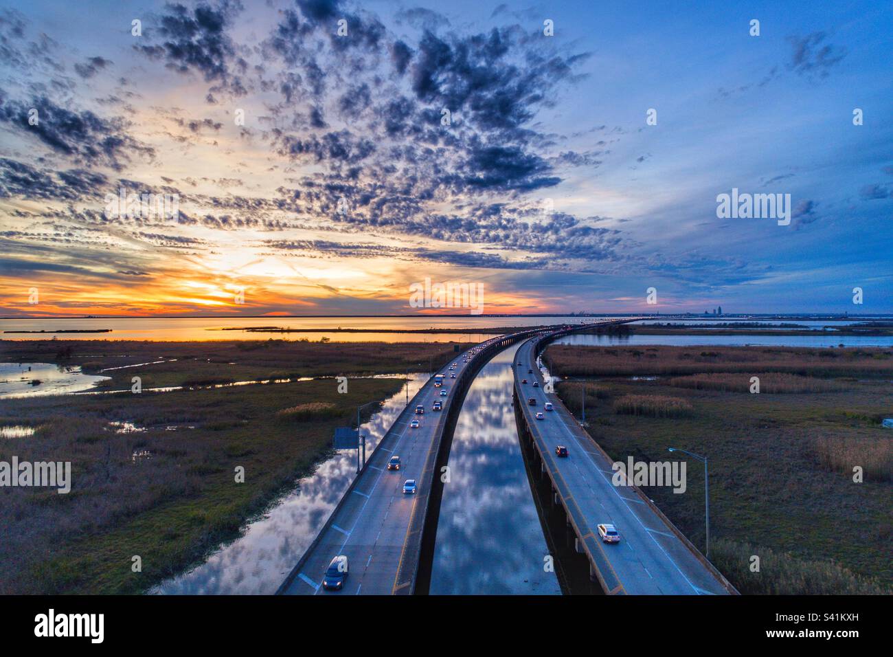 Interstate 10 bridge on Mobile Bay at sunset - Smartphone Captured Stock Image
