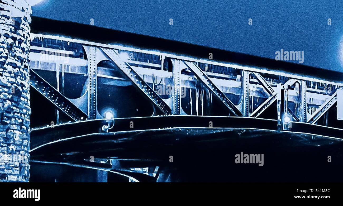 Frozen bridge structure covered in ice. - Smartphone Captured Stock Image