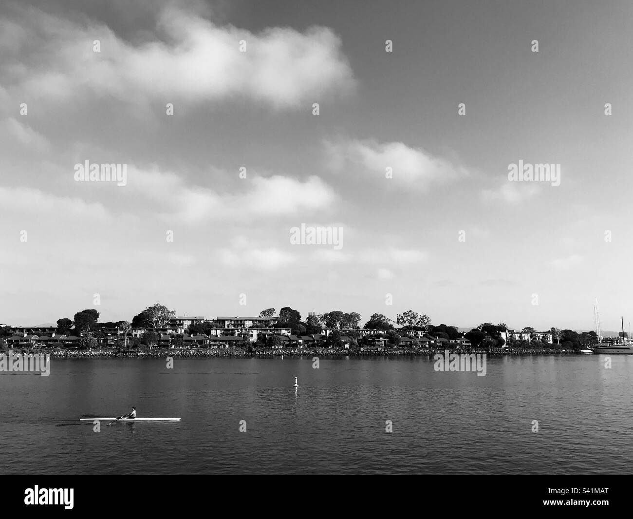 A single rower/crew rows down the Marina Del Rey channel. Marina Del Rey, California USA. - Smartphone Captured Stock Image