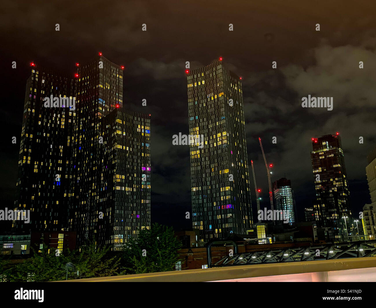 Manchester skyline at night Stock Photo Alamy