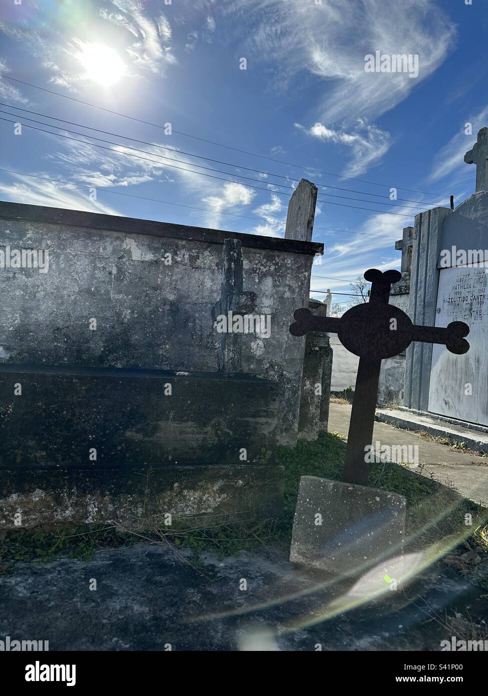 New Orleans Cemetery Metal Cross Marker Stock Photo