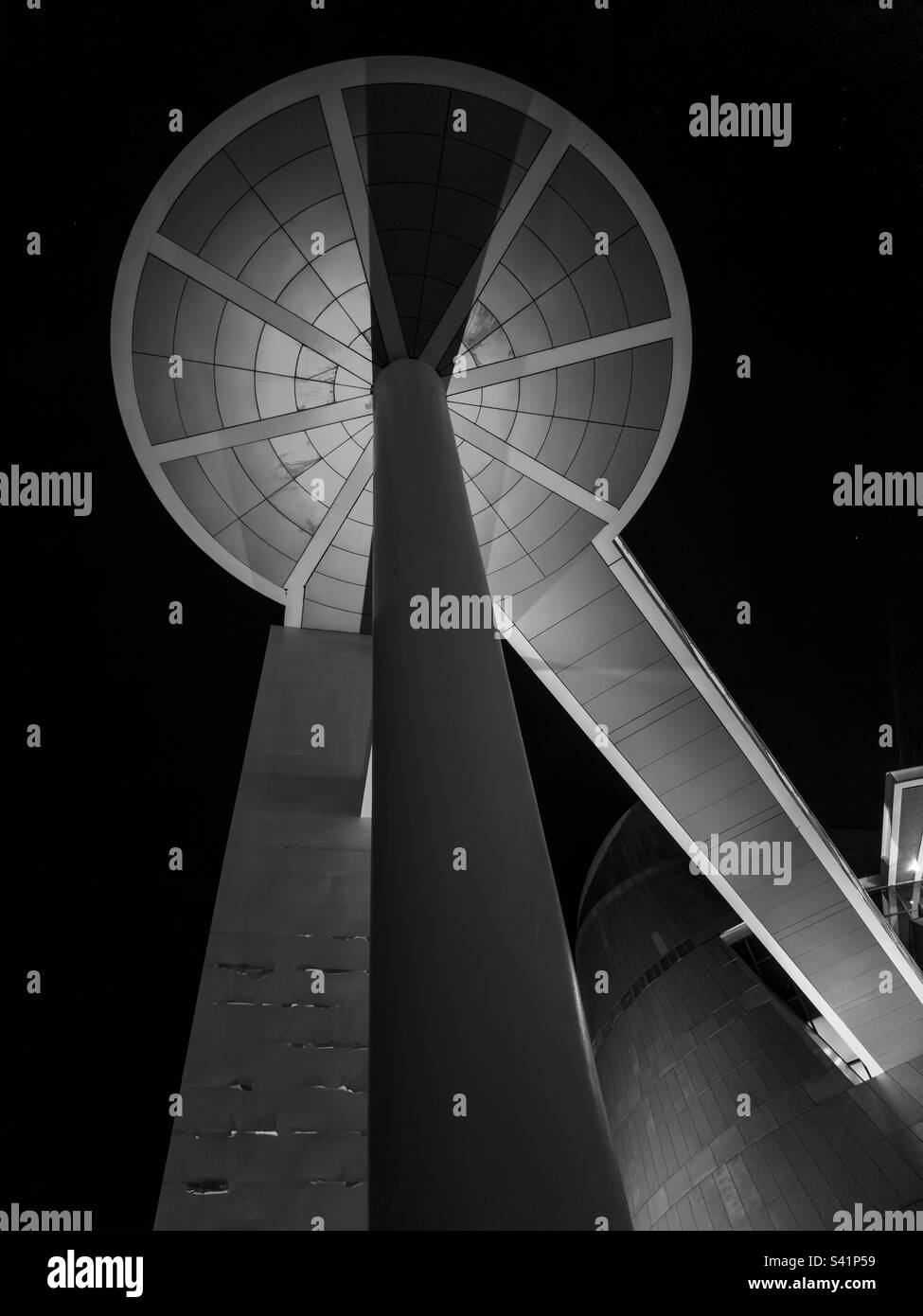 Macao Science Centre at night. monochrome - Smartphone Captured Stock Image