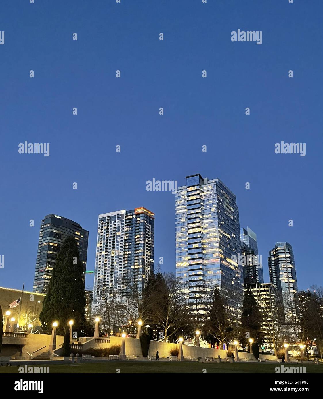 Bellevue skyline during sunset at Bellevue Downtown park Stock Photo