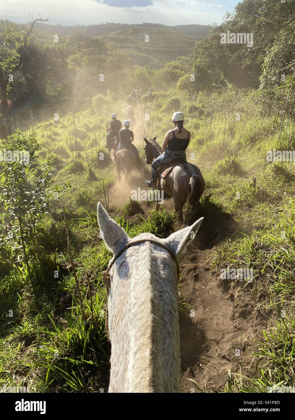 A group of tourists on horseback ride through the dusty landscape on Monteverde in Costa Rica - Smartphone Captured Stock Image