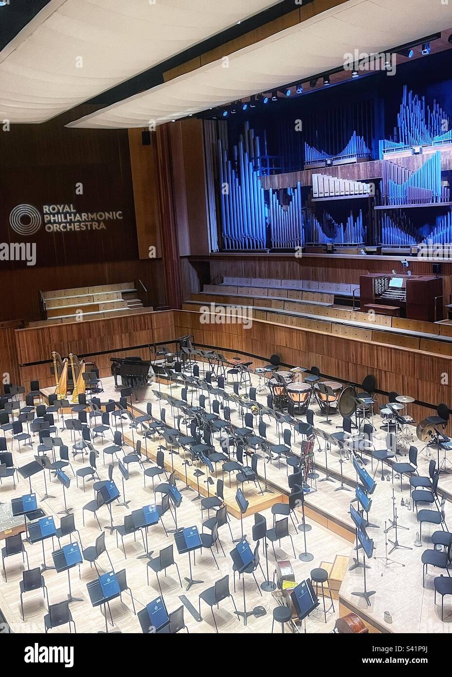 The stage is set for the Royal Philharmonic Orchestra at the Royal Festival Hall, London- on the south bank of the River Thames - Smartphone Captured Stock Image