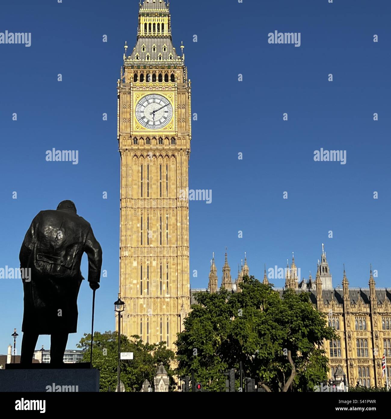 Churchill statue looking at Houses of Parliament and Big Ben - Smartphone Captured Stock Image