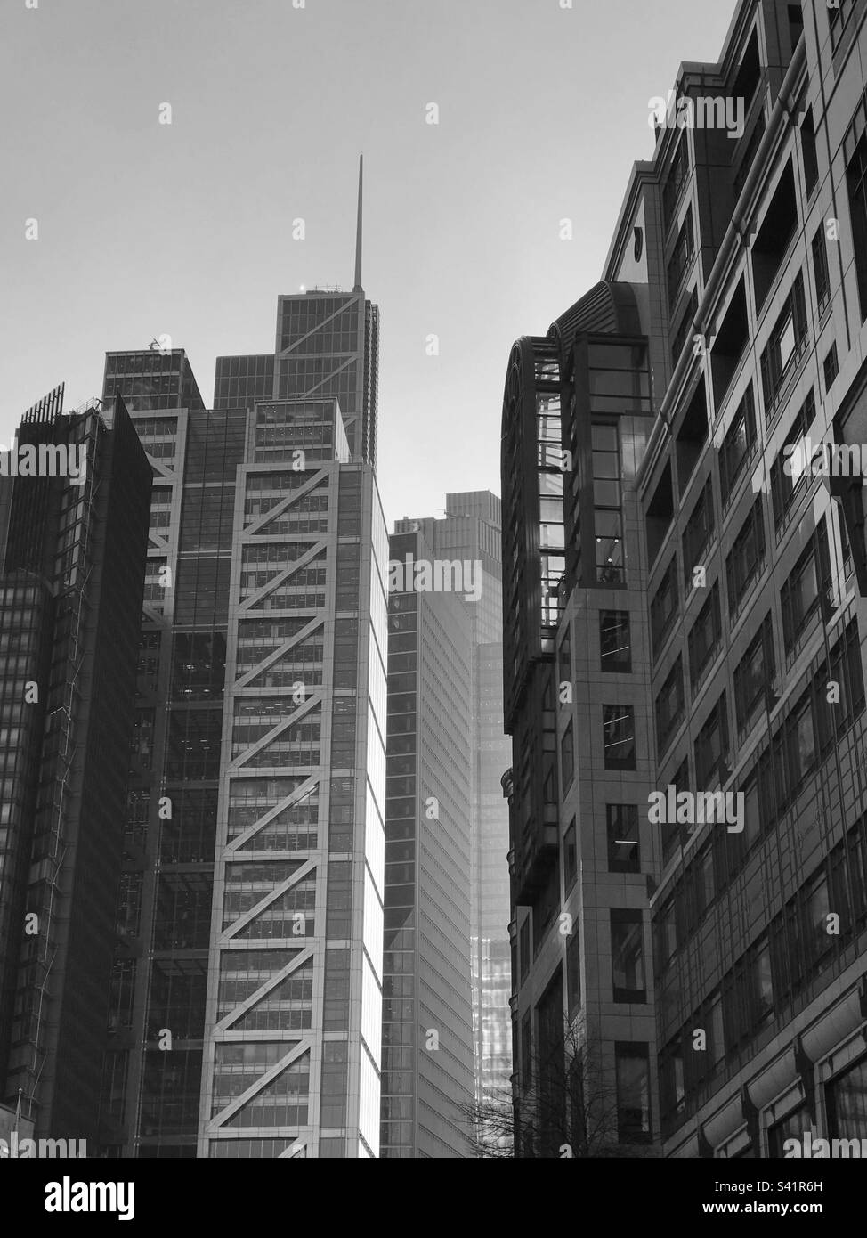 A black and white image of buildings in the financial district of Bishopsgate, London Stock Photo