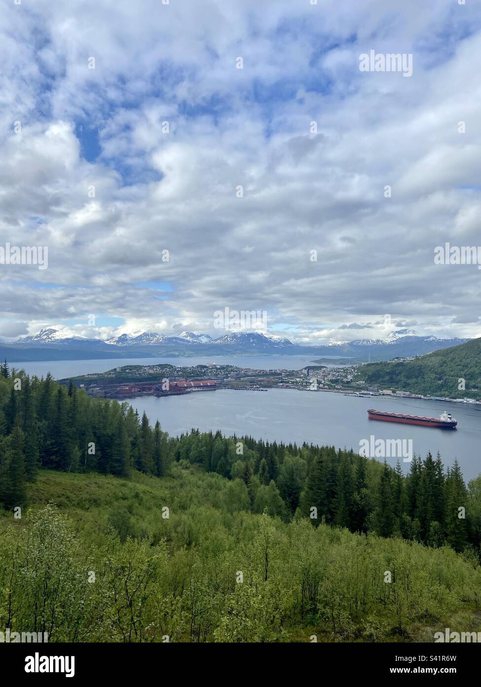 Industrial part of the city Narvik in Nordland, Northern Norway. There is also a ship in the fjord, and some trees/forest in the foreground. Shot on a partly cloudy summer day. - Smartphone Captured Stock Image