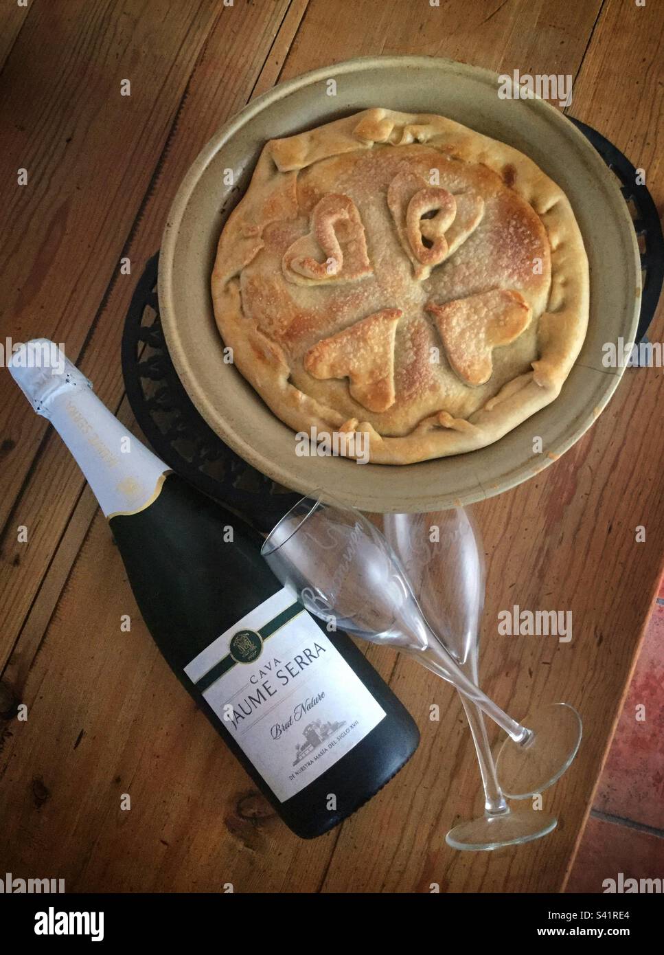 Apple pie and Cava, Catalonia, Spain. Stock Photo