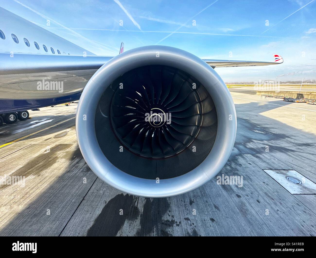Close up of a huge RollsRoyce Trent XWB97 turbofan jet engine on a