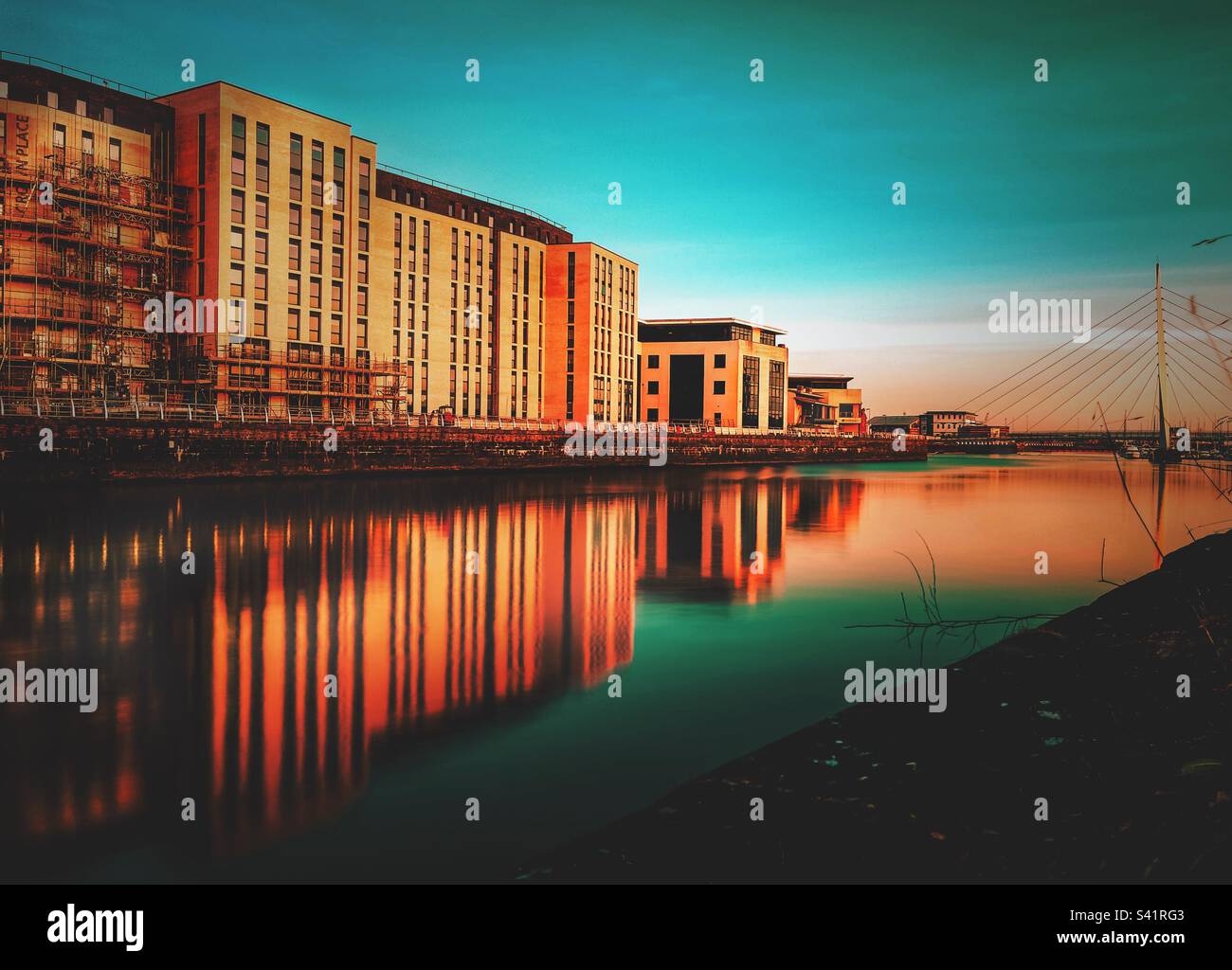 Late evening reflections in the river Tawe Swansea, UK - Smartphone Captured Stock Image