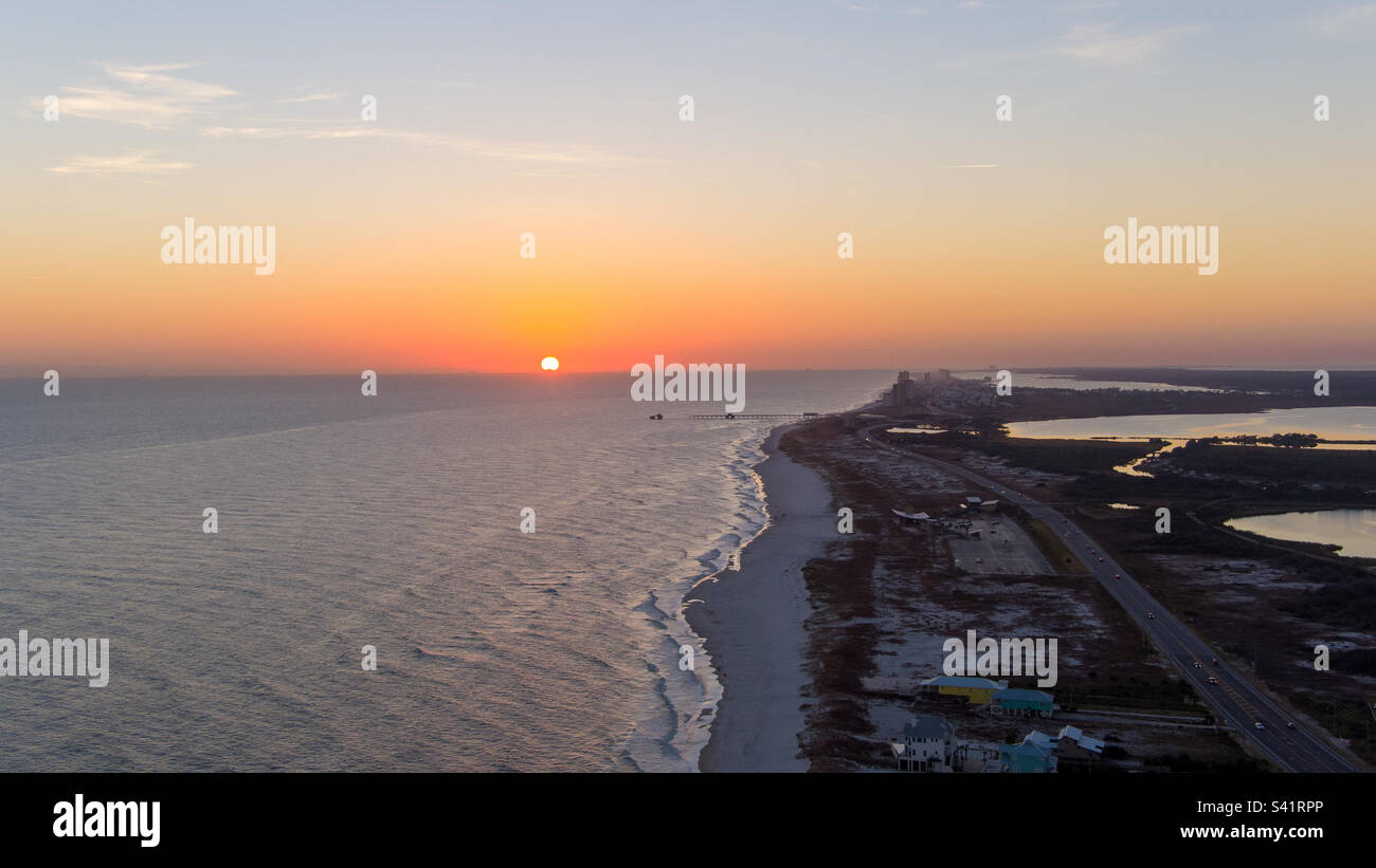 Aerial view of the Alabama Gulf Coast at sunset Stock Photo