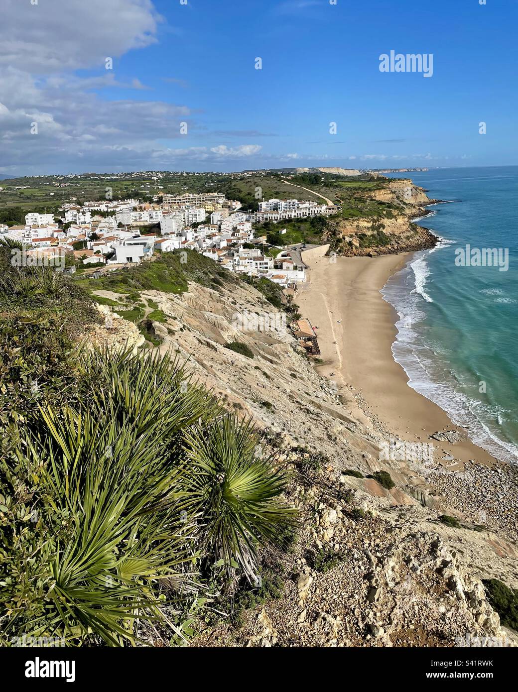 View of Burgau beach from cliffs above Stock Photo