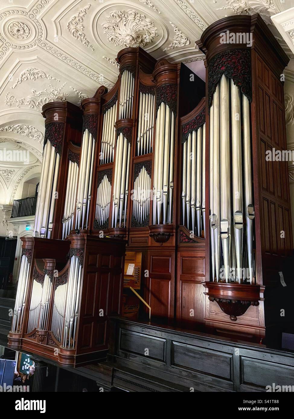 The Walker organ at St Martin-in-the-Fields Church, London, is made up of over 3,000 pipes of different sizes. View from the Gallery. - Smartphone Captured Stock Image