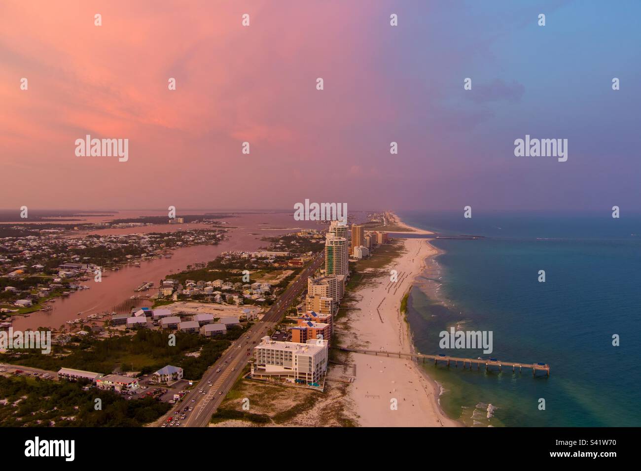 Aerial view of the beach at sunset Stock Photo