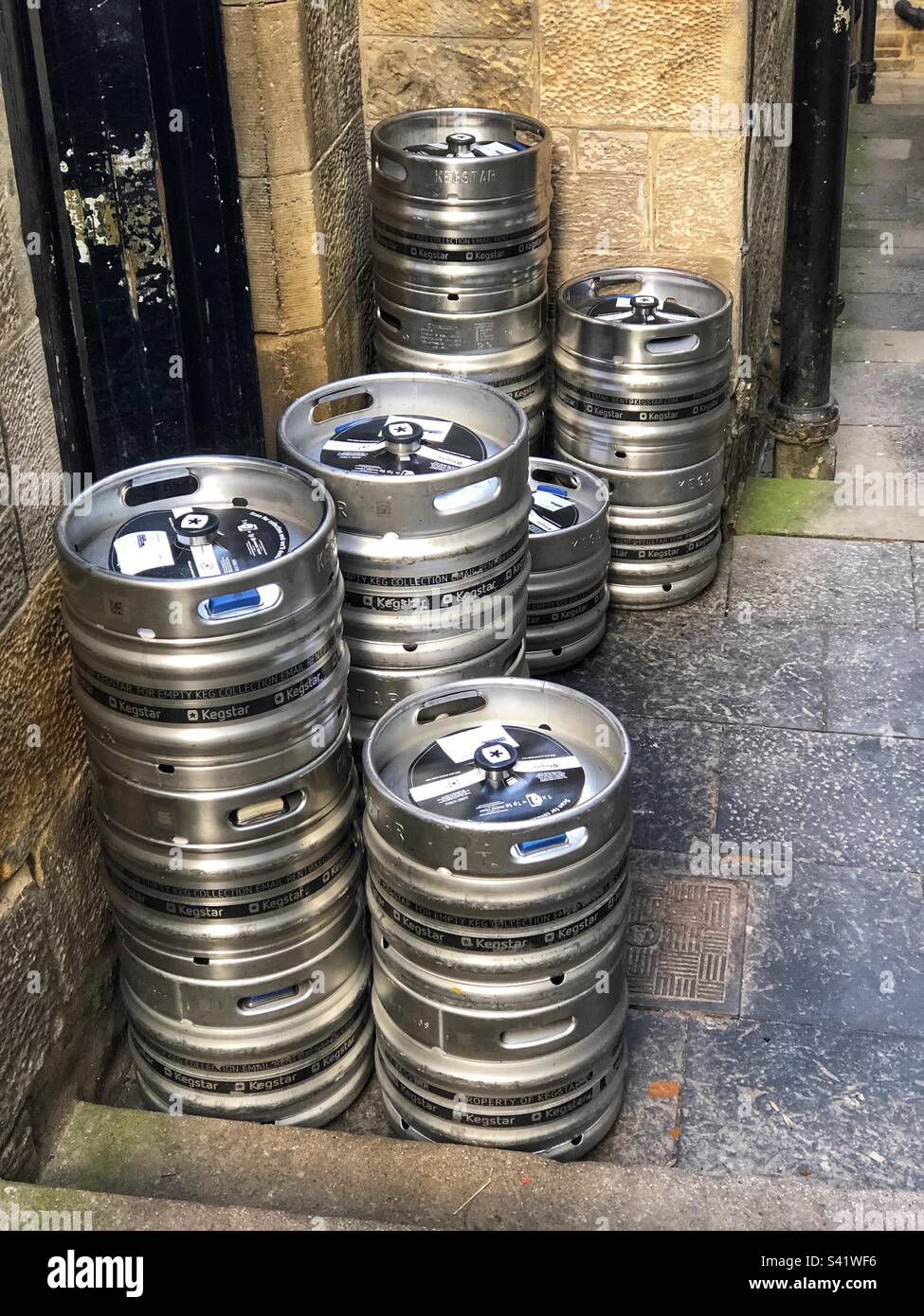 Empty beer barrels outside pub Stock Photo Alamy