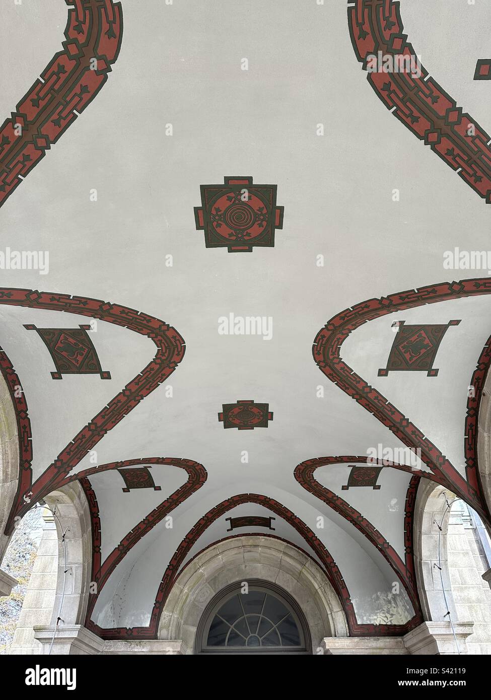 Ceiling of a patio porch at Harkness Memorial State Park in Waterford, Connecticut. The old New England mansion is a Renaissance revival, architectural masterpiece. - Smartphone Captured Stock Image