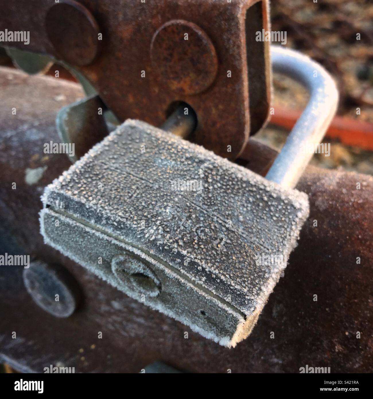 Frost on a padlock, Catalonia, Spain. Stock Photo
