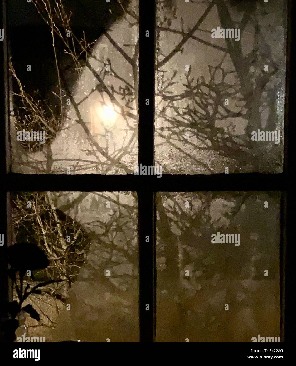 A view through frosted kitchen windows in winter. - Smartphone Captured Stock Image