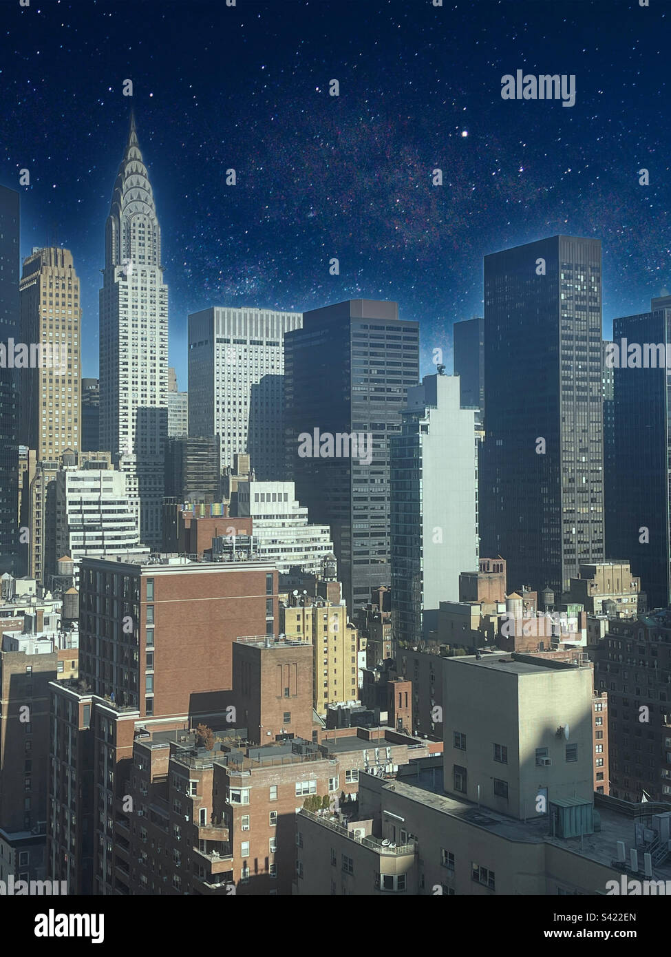 New York city Midtown skyline as seen in the early evening from a rooftop in Murray Hill, 2023, New York City, United States - Smartphone Captured Stock Image